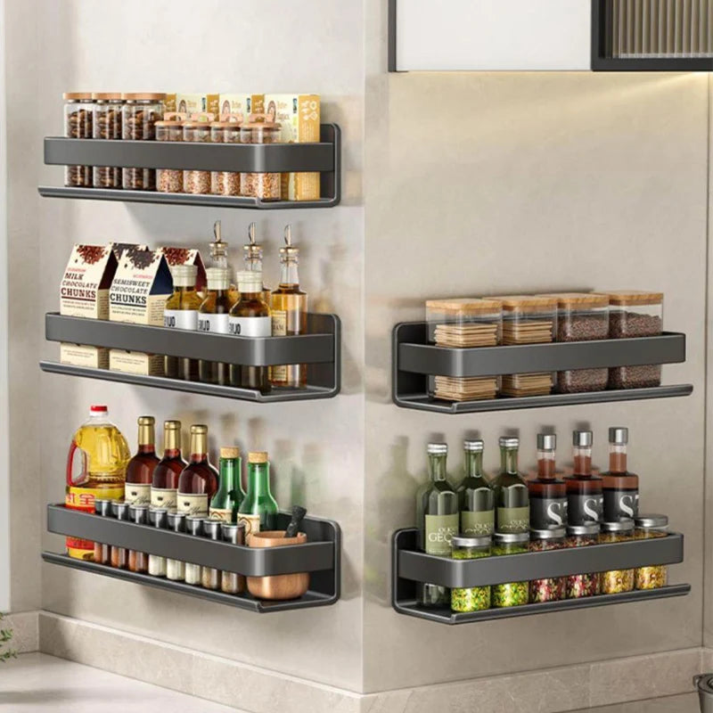 Kitchen Carbon Steel Storage Dish Rack For Seasonings Wall-mounted Multi-functional Hanging Shelf Without Drilling Holes