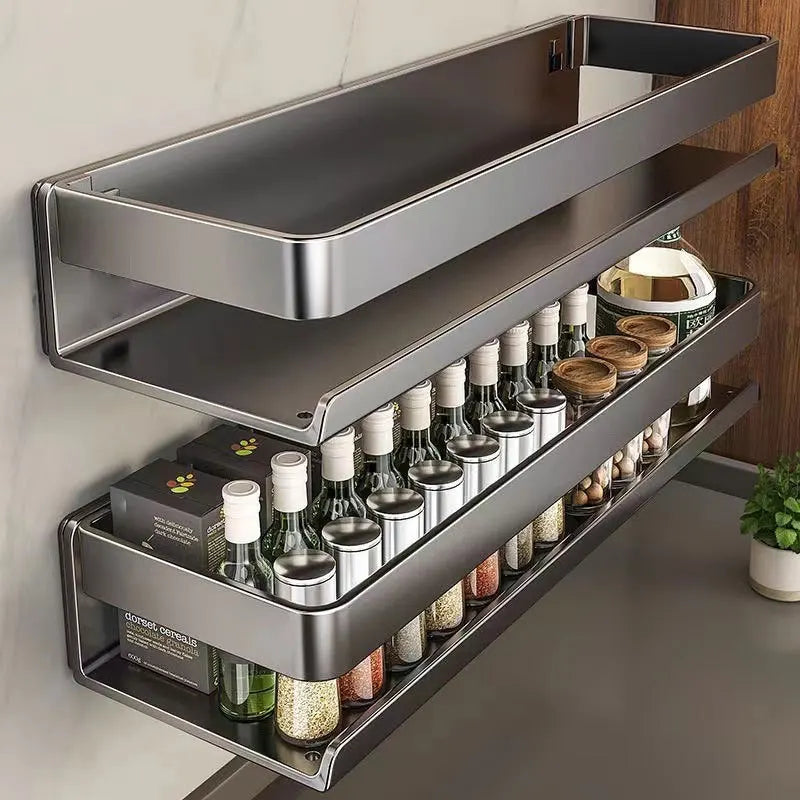 Kitchen Carbon Steel Storage Dish Rack For Seasonings Wall-mounted Multi-functional Hanging Shelf Without Drilling Holes