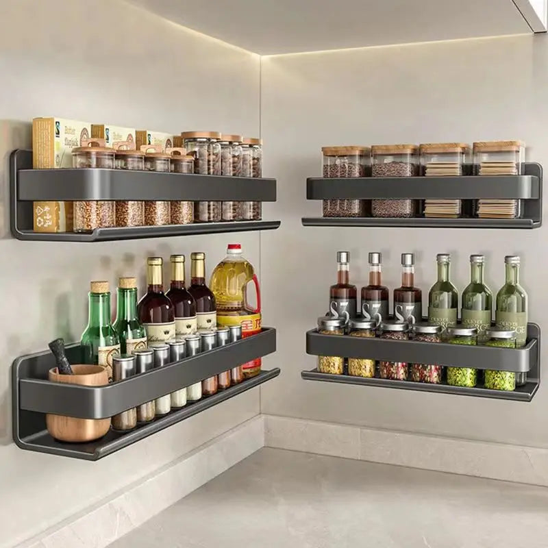 Kitchen Carbon Steel Storage Dish Rack For Seasonings Wall-mounted Multi-functional Hanging Shelf Without Drilling Holes