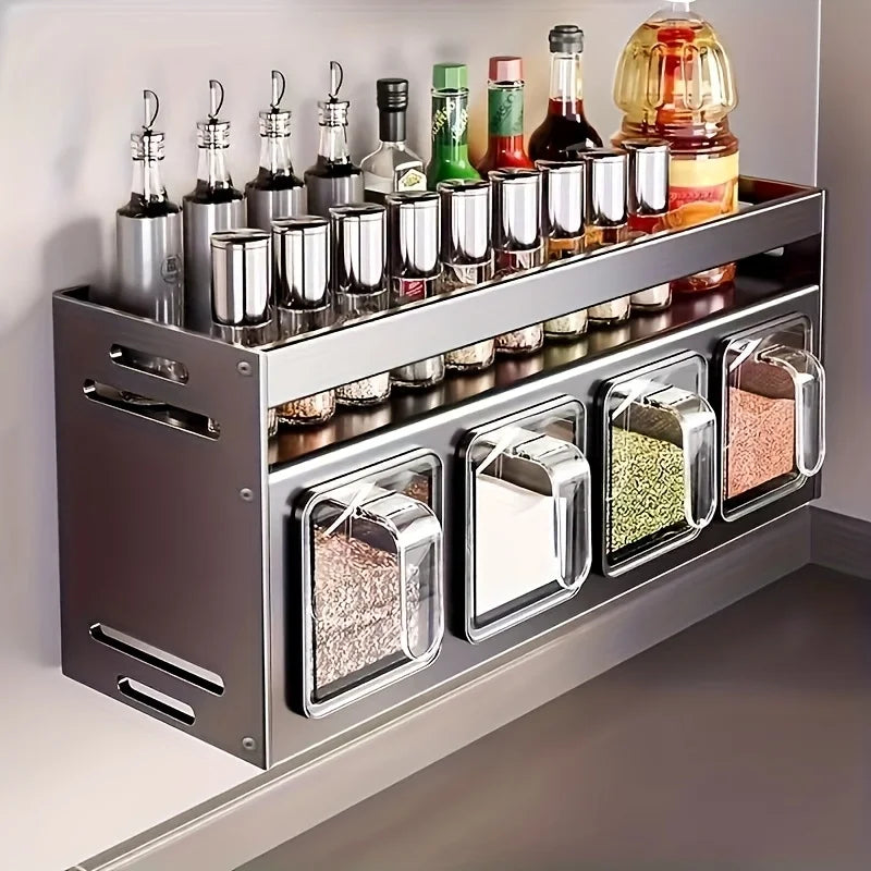 1 Wall-Mounted Spice Rack - No Drilling Required for Installation, Durable Aluminum Material, Space-Saving Storage for Kitchen and Dining Room, Used for Storing Bottles, Jars, and Spices, Kitchen Storage Rack, Simple Metal Design, Sturdy Structure, Spice